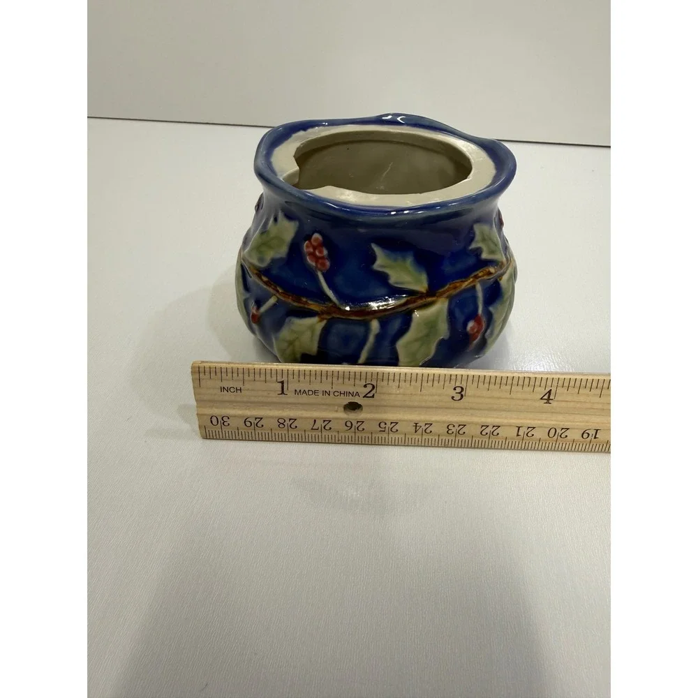 Blue Ceramic Holly Berry Jam Honey Pot with Lid Christmas Holiday Decor